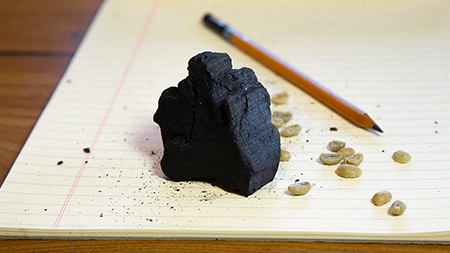 Feature image of a piece of charcoal and a graphite pencil representing carbon, alongside green coffee beans.