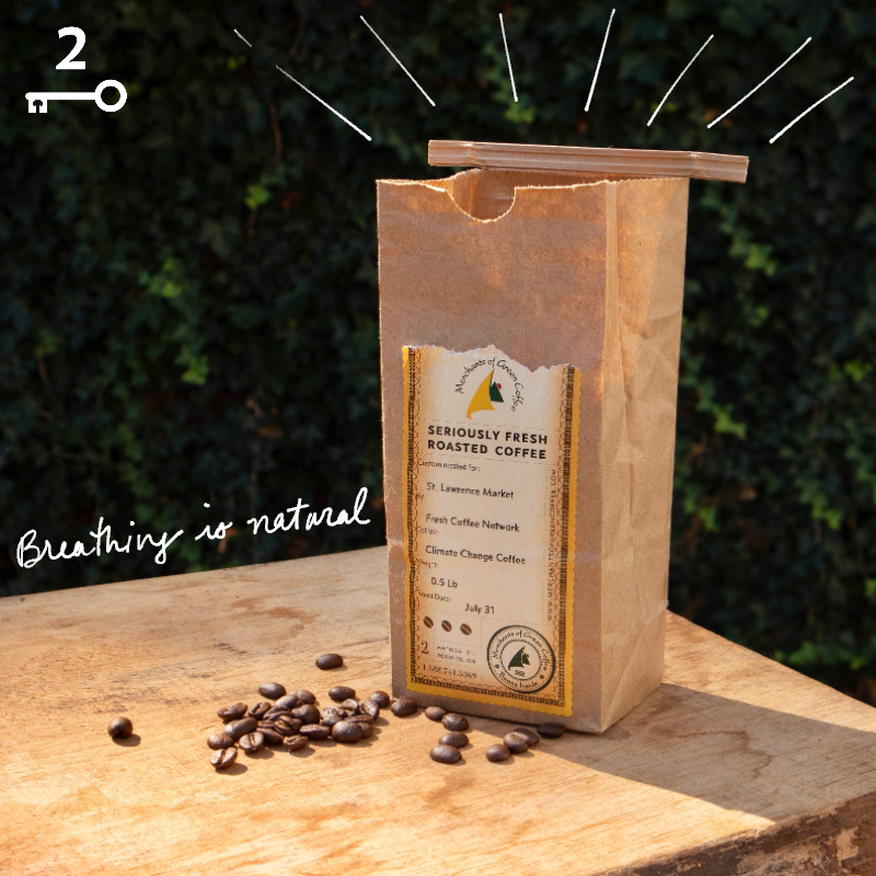 Roasted coffee beans in a kraft coffee bag that is sitting open on a table, and the text overlay reads, “Breathing is Natural!”