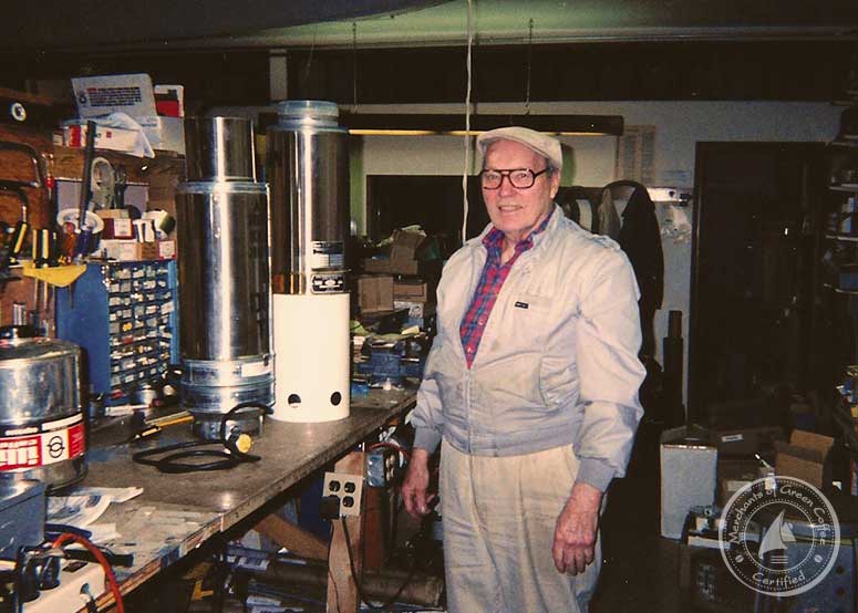 Photo of Michael Sivetz in his Roaster Assembly Bench