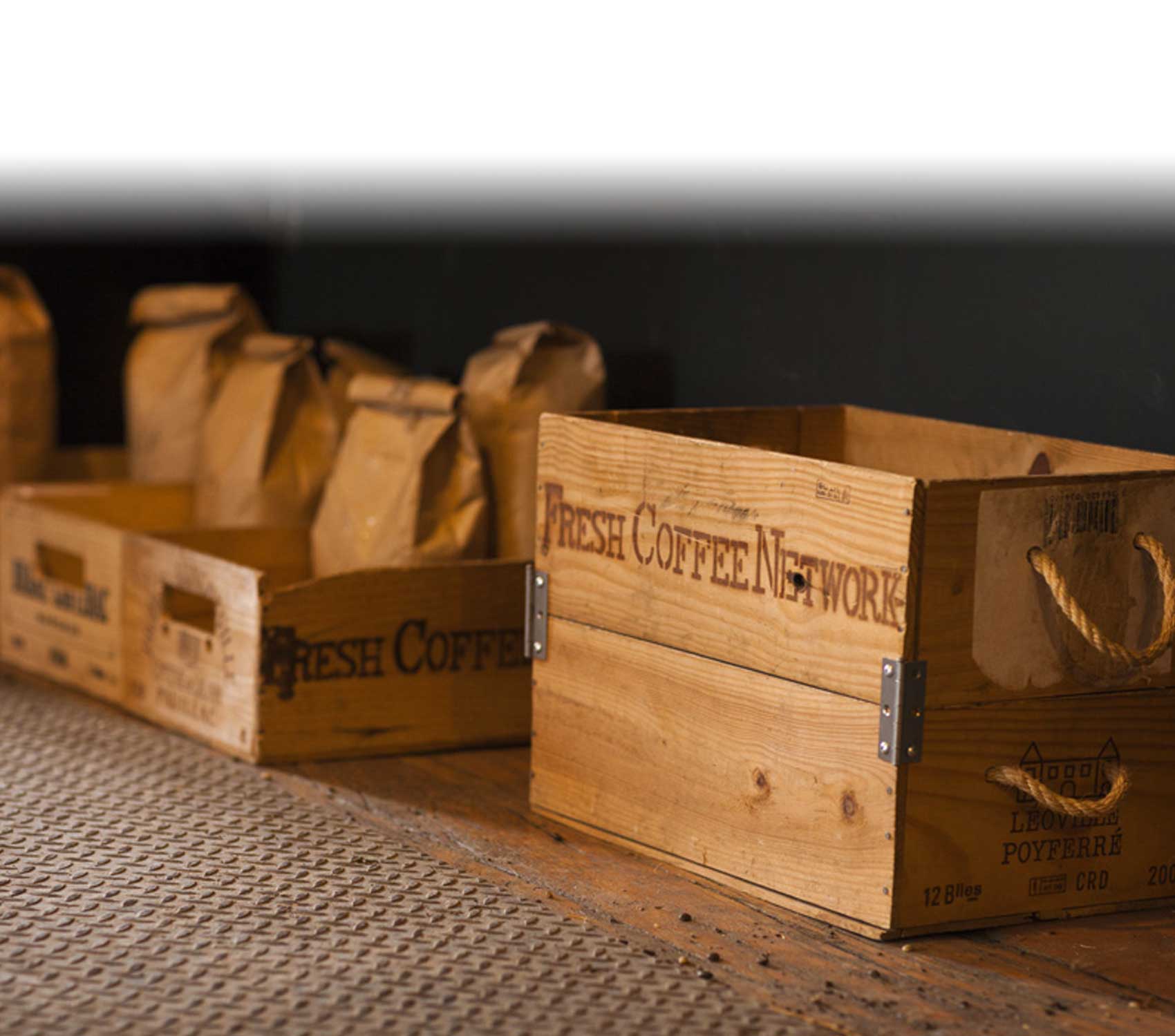 Fresh Roasted coffee wooden crates by Fresh Coffee Network.