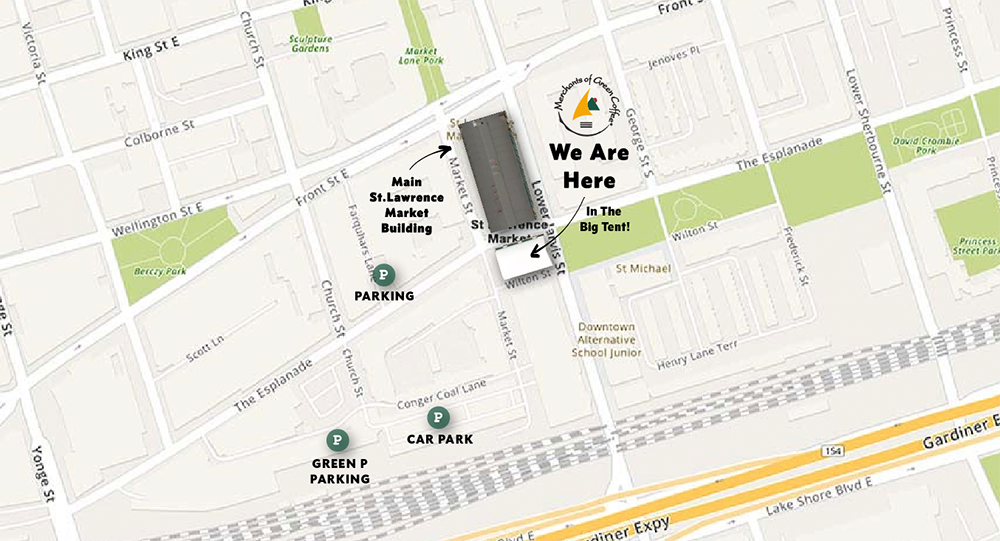 map showing where our coffee both is situated with regards to the main St. Lawrence Market building.